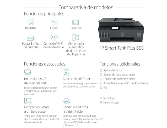 HP Smart Tank Plus 655 Multifunción A4 con WiFi, Bluetooth y ADF, Negro HP Smart Tank Plus 655 Multifunción A4 con WiFi, Bluetooth y ADF, Negro