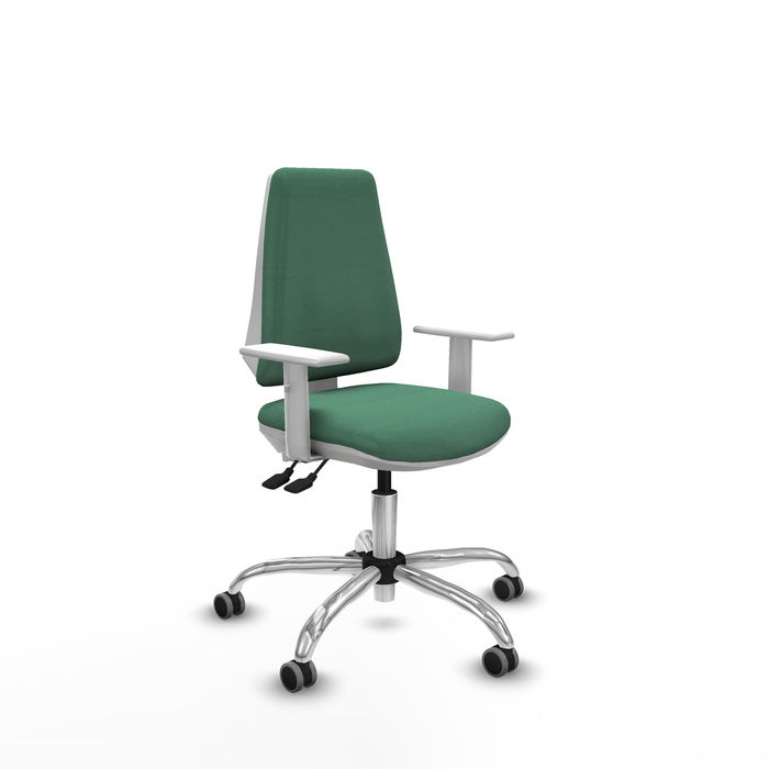 Silla de oficina Elche con mecanismo Asincro tapizada con Tela color Verde esmeralda. Equipada con Base cromada, Reposabrazos blancos y Ruedas 65 mm parqué Silla de oficina Elche con mecanismo Asincro tapizada con Tela color Verde esmeralda. Equipada con Base cromada, Reposabrazos blancos y Ruedas 65 mm parqué