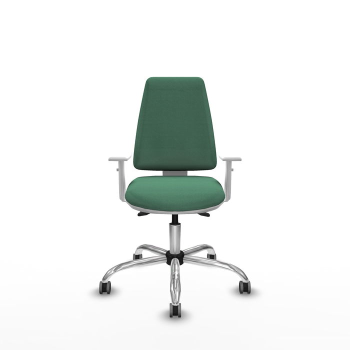 Silla de oficina Elche con mecanismo Asincro tapizada con Tela color Verde esmeralda. Equipada con Base cromada, Reposabrazos blancos y Ruedas 65 mm parqué Silla de oficina Elche con mecanismo Asincro tapizada con Tela color Verde esmeralda. Equipada con Base cromada, Reposabrazos blancos y Ruedas 65 mm parqué