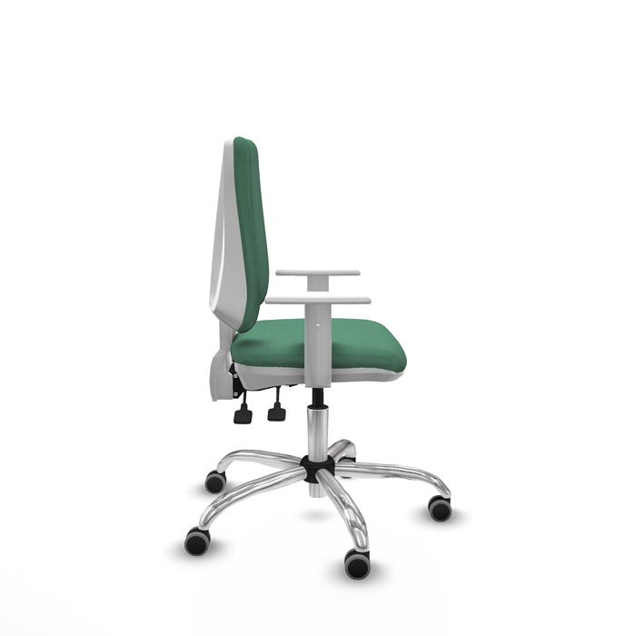 Silla de oficina Elche con mecanismo Asincro tapizada con Tela color Verde esmeralda. Equipada con Base cromada, Reposabrazos blancos y Ruedas 65 mm parqué Silla de oficina Elche con mecanismo Asincro tapizada con Tela color Verde esmeralda. Equipada con Base cromada, Reposabrazos blancos y Ruedas 65 mm parqué