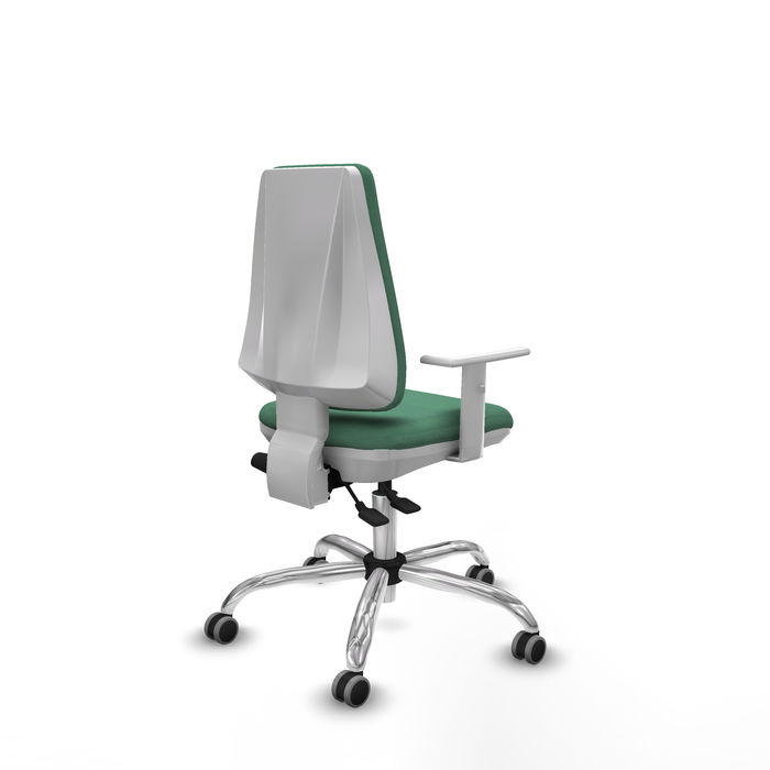 Silla de oficina Elche con mecanismo Asincro tapizada con Tela color Verde esmeralda. Equipada con Base cromada, Reposabrazos blancos y Ruedas 65 mm parqué Silla de oficina Elche con mecanismo Asincro tapizada con Tela color Verde esmeralda. Equipada con Base cromada, Reposabrazos blancos y Ruedas 65 mm parqué