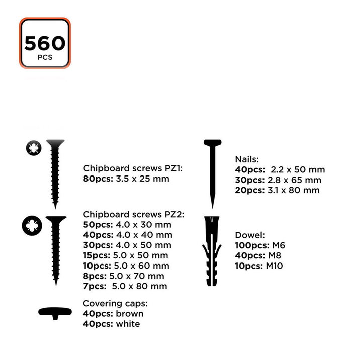 Black+Decker Set de 560 piezas de tornillos, tacos y clavos