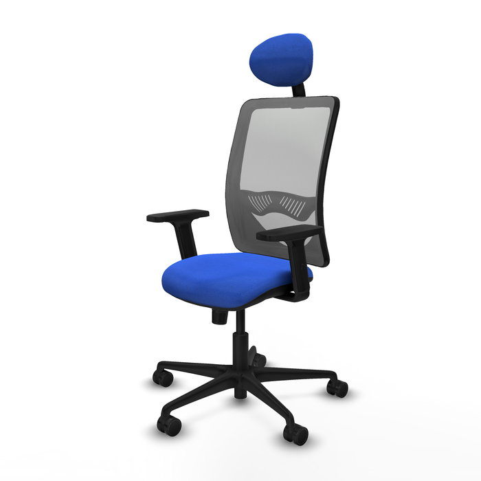 Silla de oficina Zulema con mecanismo Sincro tapizada con Tela color Azul y malla color Gris. Equipada con lumbar 1D, Brazos 2D, Cabecero Fijo y Ruedas 65mm nailon