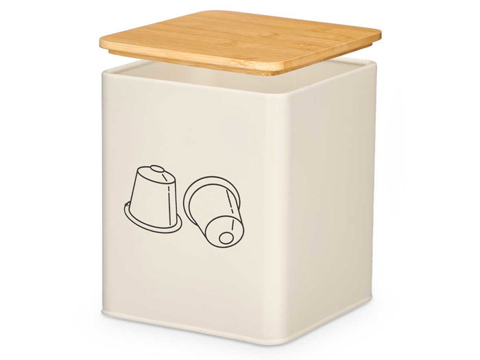 Kinvara Tarro Cuadrado Tapa Bambú Crema Metal Acero Bambú 14 x 14 x 16 cm (Set de 12)