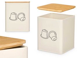 Kinvara Tarro Cuadrado Tapa Bambú Crema Metal Acero Bambú 14 x 14 x 16 cm (Set de 12)