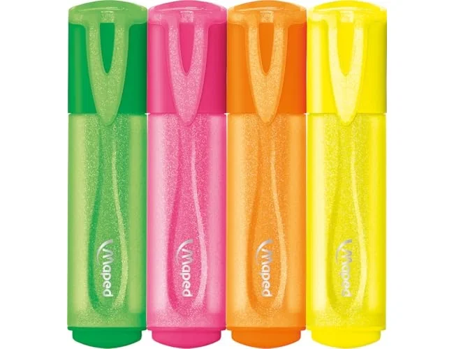 MAPED Neon Glitter Pack de 4 Rotuladores Fluorescentes con Purpurina, Colores Surtidos MAPED Neon Glitter Pack de 4 Rotuladores Fluorescentes con Purpurina, Colores Surtidos