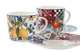 DKD Home Decor Taza Set Plato Moderno Porcelana Azul Amarillo 220ml (6 Unidades) 15.5 x 1.7 x 15.5 cm