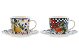 DKD Home Decor Conjunto de Taza y Platillo Azulejos Limones 24, 6 Unidades