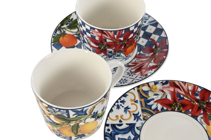 DKD Home Decor Taza Set Plato Moderno Porcelana Azul Amarillo 220ml (6 Unidades) 15.5 x 1.7 x 15.5 cm