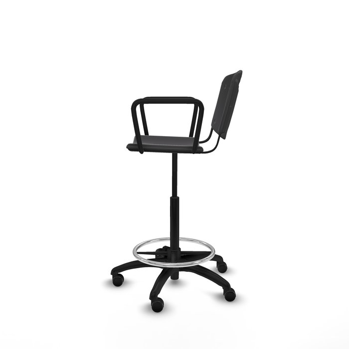 Taburete Robledo con mecanismo Giratorio de PVC color Negro. Equipado con Base poliamida negra, Brazos fijos y Ruedas de parqué