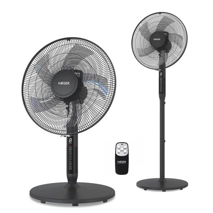 Haeger SF-16R.013A Ventilador de Piso y Mesa Digital con Control Inalámbrico, 45 cm, 3504 m³/h, 3 Velocidades, Pantalla LCD, Negro