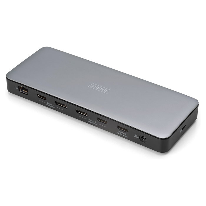 Digitus Estación de Acoplamiento USB-C 13 Puertos, 3xHDMI, 2xDisplayPort, USB-A/C, RJ45 Ethernet Gigabit, Salida Audio, 4K 60Hz, 10Gbps, Plug and Play, Color Negro/Gris