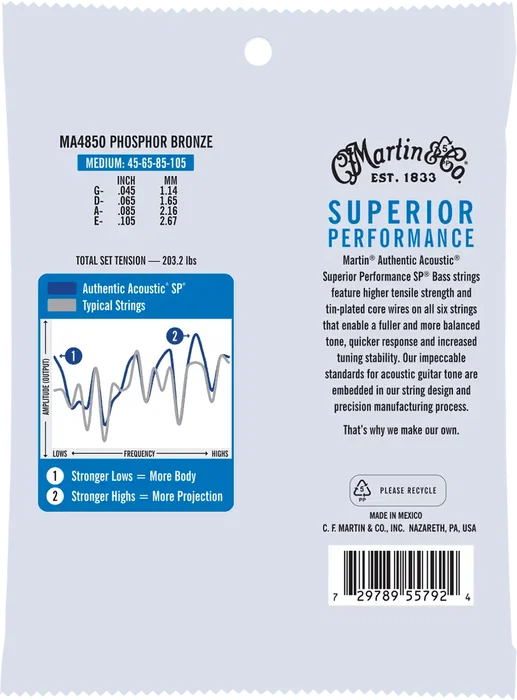 MARTIN Authentic Sp Bass 92/8 Phosphor Bronze Medium 45-105 Cuerdas para Bajo Acústico