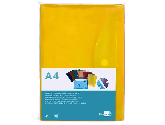 Liderpapel Carpeta Dossier A4 Cierre Velcro Amarilla Polipropileno 180 Micras