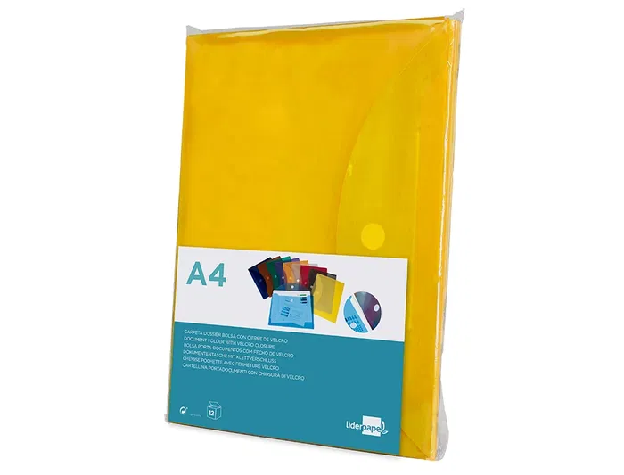 Liderpapel Carpeta Dossier A4 Cierre Velcro Amarilla Polipropileno 180 Micras