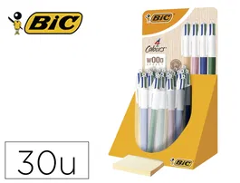 Bic Bolígrafo Cuatro Colores Wood Expositor 30 Unidades Colores Surtidos con Cuerpo de Diseño Natural y 4 Tintas Medias de 1.0mm