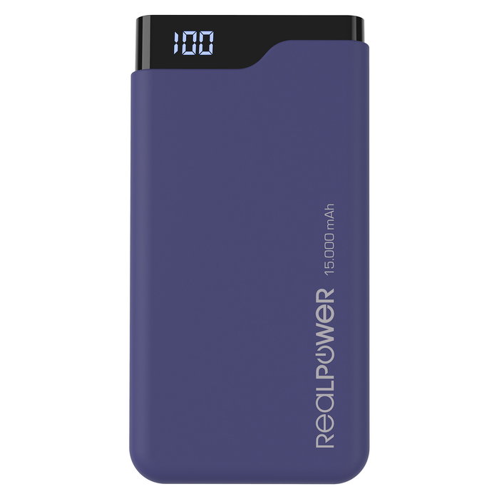Realpower Powerbank PB-15000C 15.000mAh Negro Azul con USB-C y Pantalla, 2x USB-A y 2x USB-C para Carga Rápida Universal