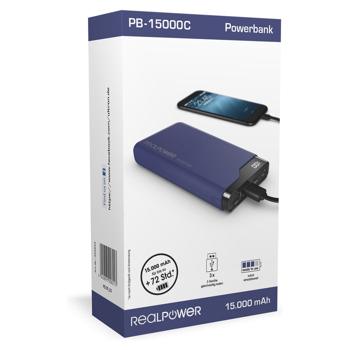 Realpower Powerbank PB-15000C 15.000mAh Negro Azul con USB-C y Pantalla, 2x USB-A y 2x USB-C para Carga Rápida Universal
