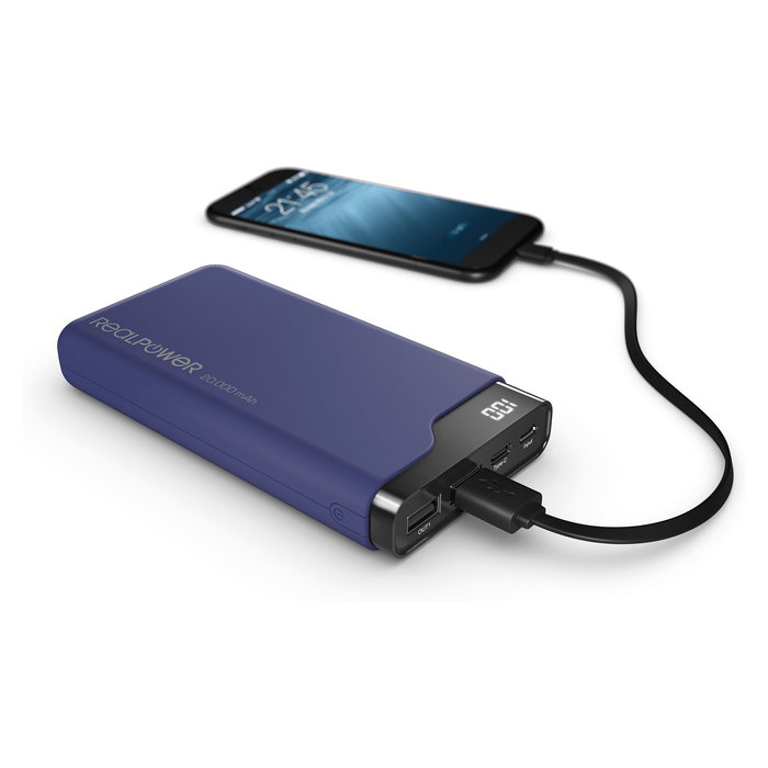Realpower Powerbank PB-15000C 15.000mAh Negro Azul con USB-C y Pantalla, 2x USB-A y 2x USB-C para Carga Rápida Universal
