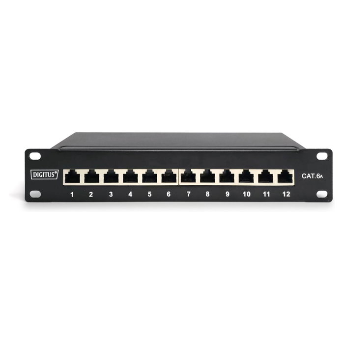 Digitus Panel Conexión Cat6a, 12 Puertos, 10 Gigabit Ethernet, RJ-45, 1U, Negro