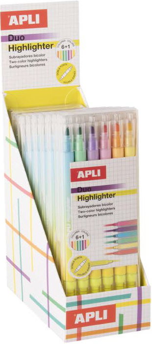 Apli Rotuladores Fluorescentes Duo con Doble Punta, Expositor de 10 Blister de 6 Unidades Surtidas