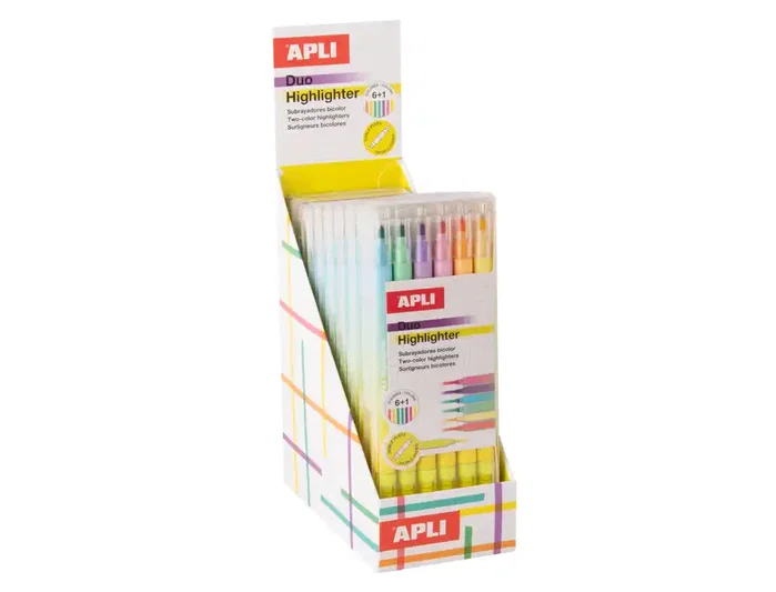 APLI Subrayadores Duo Doble Punta Colores Surtidos Expositor de 10 Packs de 6 Unidades