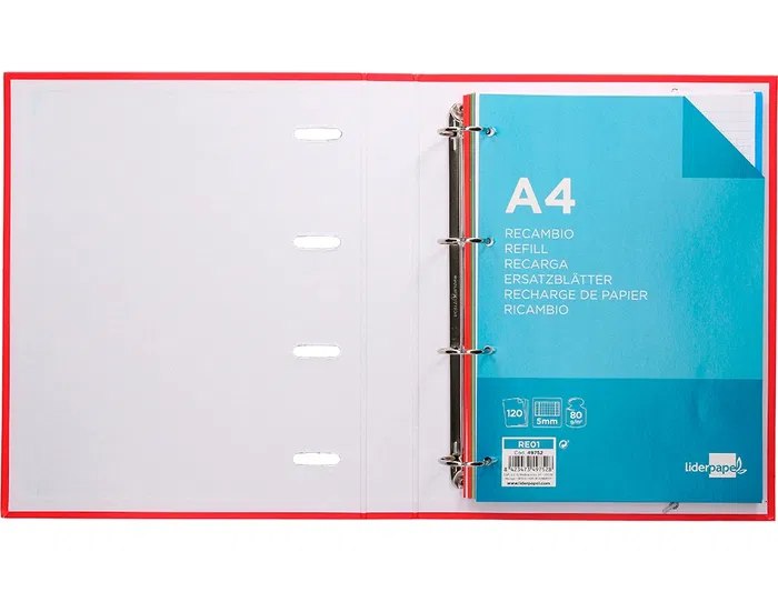 Liderpapel Carpeta con Recambio A4 Cuadro 5 mm 120 Hojas 80 g Forrada 4 Anillas 40 mm Redondas Colores Surtido