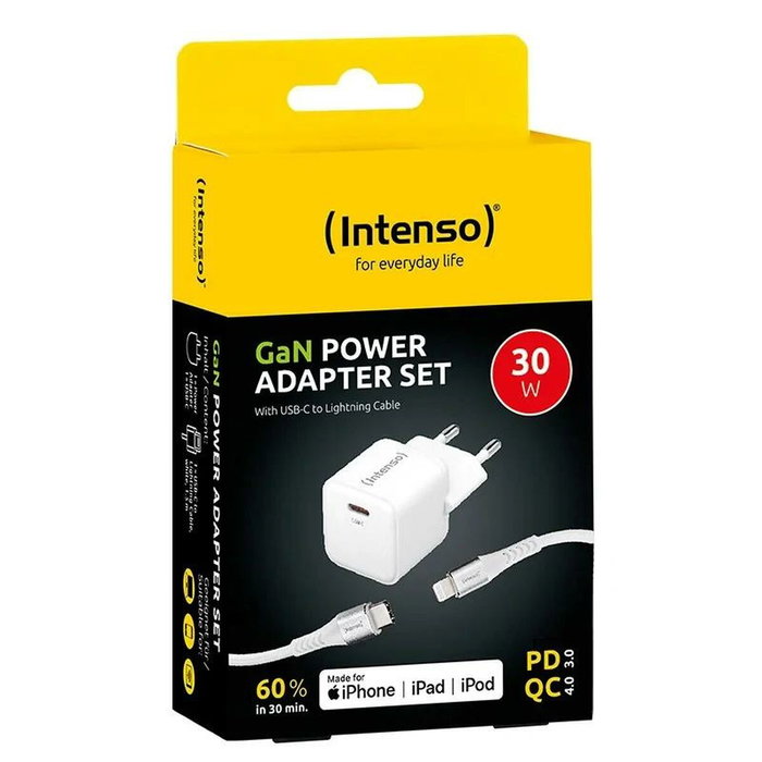 Intenso Kit Cargador GaN W30C con Cable Lightning, 30W, USB-C a Lightning