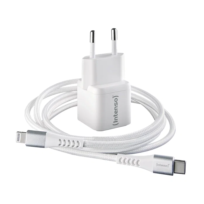 Intenso 7803052 Cargador GaN USB-C 30W con Carga Rápida, Cable Lightning 1.5m, Blanco, Interiores, EU