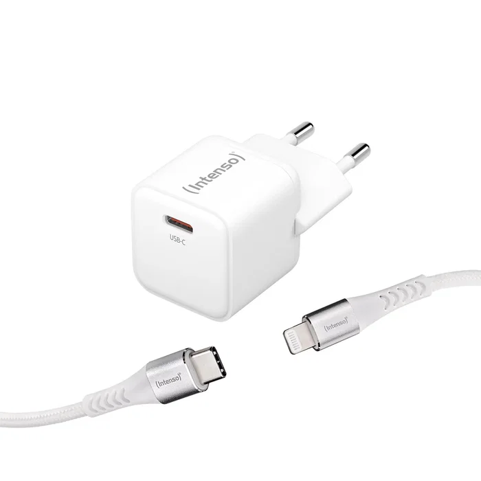 Intenso 7803052 Cargador GaN USB-C 30W con Carga Rápida, Cable Lightning 1.5m, Blanco, Interiores, EU