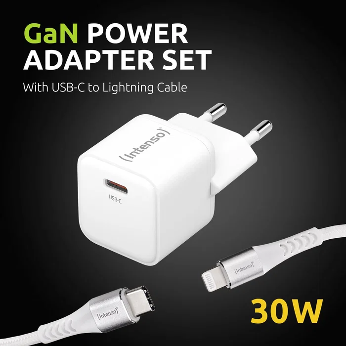 Intenso 7803052 Cargador GaN USB-C 30W con Carga Rápida, Cable Lightning 1.5m, Blanco, Interiores, EU