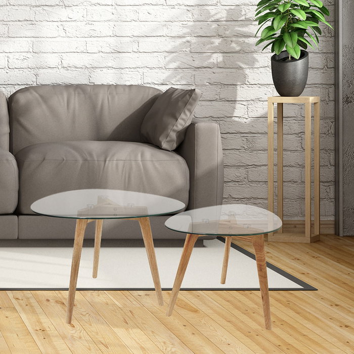 Home Deco Factory - Juego de 2 Mesas Nido de Cristal Templado con Patas de Caucho, Forma Irregular, Mesa Grande 60x45 cm y Pequeña 50x38 cm