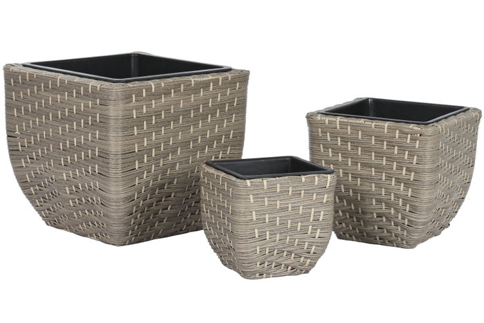 DKD Home Decor Macetero Terraza y Jardín Natural Ratán Sintético PP Set 3 Piezas 40 x 40 x 36 cm