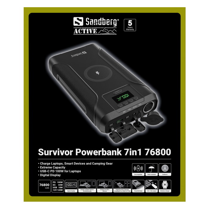 SANDBERG 421-15 Survivor Powerbank 7in1 76800 mAh, 100W PD, Carga Inalámbrica 15W, Resistente al Agua IPX4, Linterna, Negro SANDBERG 421-15 Survivor Powerbank 7in1 76800 mAh, 100W PD, Carga Inalámbrica 15W, Resistente al Agua IPX4, Linterna, Negro