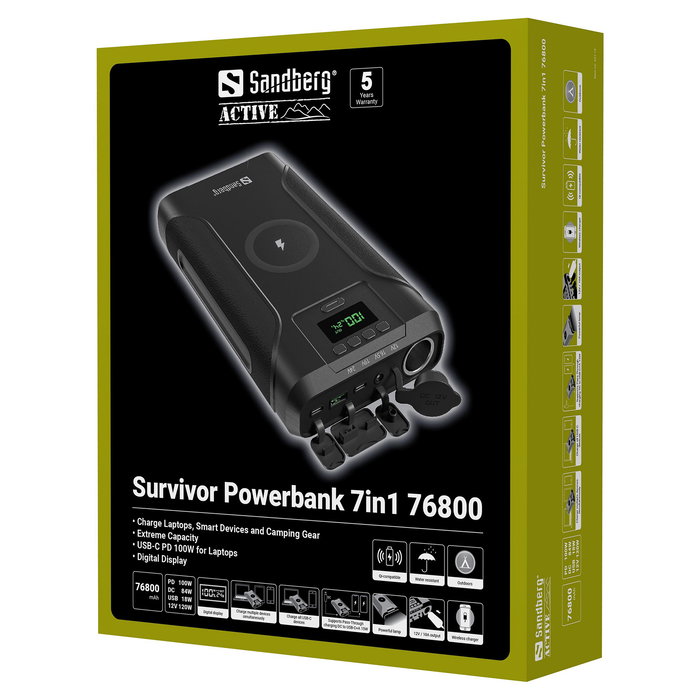 SANDBERG 421-15 Survivor Powerbank 7in1 76800 mAh, 100W PD, Carga Inalámbrica 15W, Resistente al Agua IPX4, Linterna, Negro SANDBERG 421-15 Survivor Powerbank 7in1 76800 mAh, 100W PD, Carga Inalámbrica 15W, Resistente al Agua IPX4, Linterna, Negro