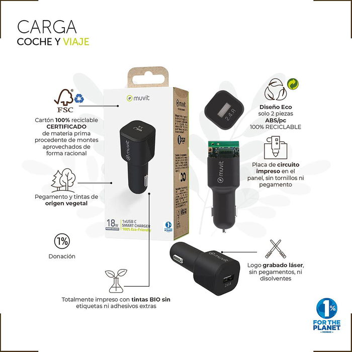 muvit for change cargador coche Tipo C PD 30W negro