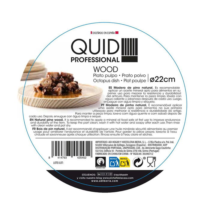 Plato Pulpo Madera Pulpo Quid Professional 22 cm (12 Unidades)