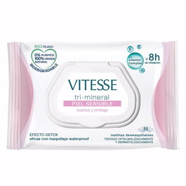 Vitesse TRI-MINERAL PIEL SENSIBLE Toallitas Desmaquillantes para Piel Sensible con Tri-Mineral y Vitamin Complex, 25 unidades