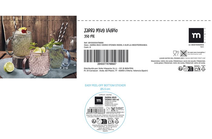 La Mediterranea Jarra o Mug de Vidrio con Diseño Piedras Stones, 350 ml, 12.5 x 9.5 x 10 cm (24 Unidades)