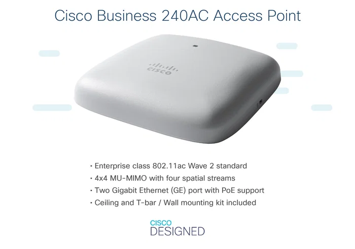 Cisco CBW240AC Punto de Acceso WiFi Empresarial 802.11ac Wave 2, 4x4 MU-MIMO, 1733 Mbps, Dual-Band 2.4/5 GHz, PoE+, Montaje en Techo/Pared