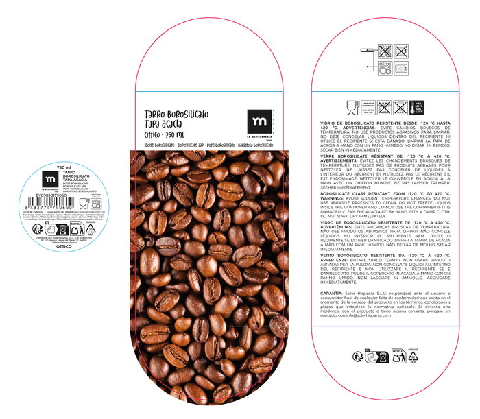 Inde Tarro Boro Silicato Ottico T/Acacia Red, Capacidad 750 ml, Medidas 9.2 x 9.2 x 15.7 cm (12 Unidades)