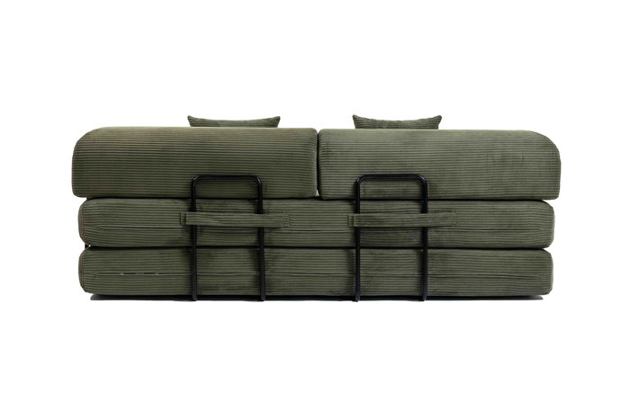 BORDECOR Sofá cama convertible en pana verde con estructura metálica BORDECOR Sofá cama convertible en pana verde con estructura metálica
