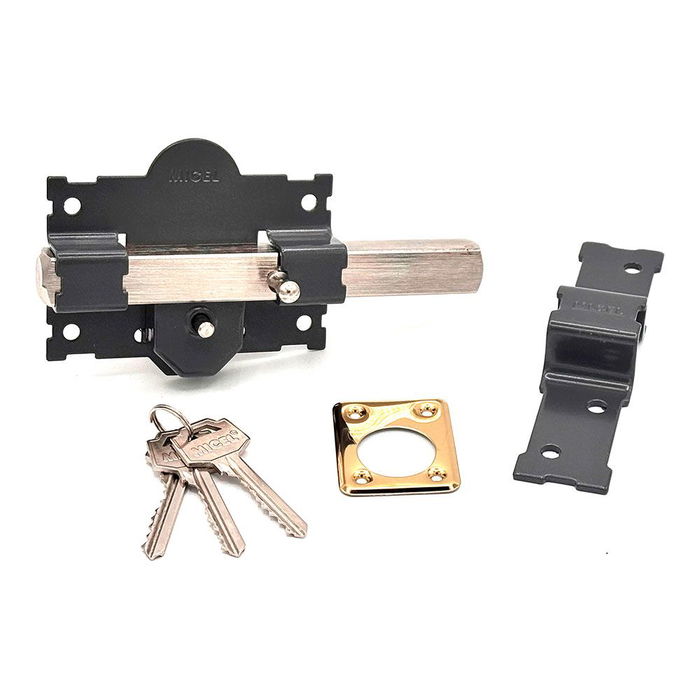 Micel Cerrojo de Sobreponer CRR06 Placa 105 mm y Cilindro 50 mm Reversible, Accionamiento Botón Interior/Llave Exterior, Pintado Gris, con 3 Llaves Serreta