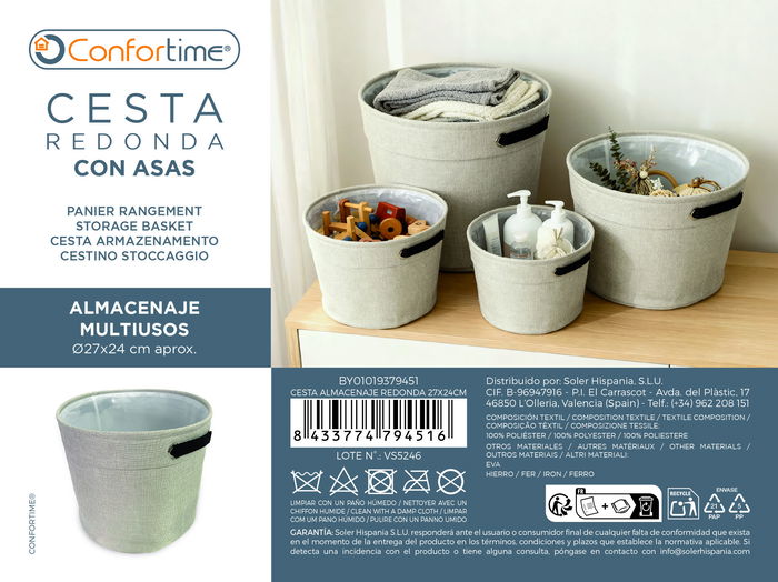 Inde Cesta de Almacenaje Redonda, 27.5 cm de Ancho x 35.5 cm de Largo x 6.3 cm de Alto, para Organizacion del Hogar (12 Unidades)