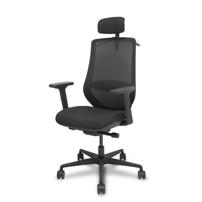 Silla de oficina Mardos con mecanismo Sincro/Traslack tapizada con Tela color Negro. Equipada con lumbar 1D, Brazos 2D, Cabecero 2D y Ruedas 65mm nailon