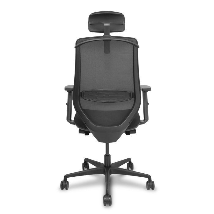 Silla de oficina Mardos con mecanismo Sincro/Traslack tapizada con Tela color Negro. Equipada con lumbar 1D, Brazos 2D, Cabecero 2D y Ruedas 65mm nailon
