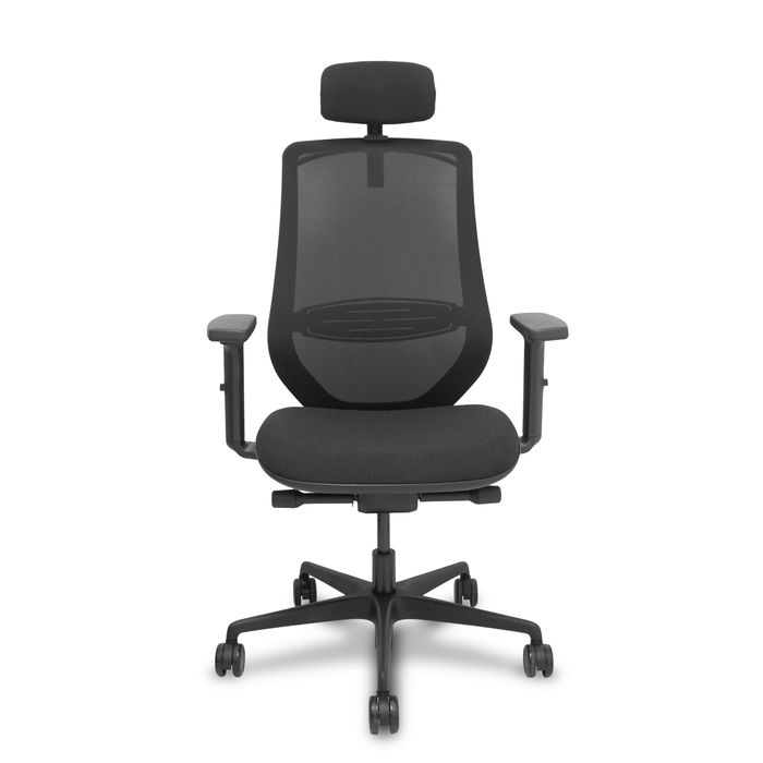 Silla de oficina Mardos con mecanismo Sincro/Traslack tapizada con Tela color Negro. Equipada con lumbar 1D, Brazos 2D, Cabecero 2D y Ruedas 65mm nailon