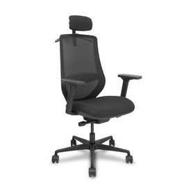 Silla de oficina Mardos con mecanismo Sincro/Traslack tapizada con Tela color Negro. Equipada con lumbar 1D, Brazos 2D, Cabecero 2D y Ruedas 65mm nailon