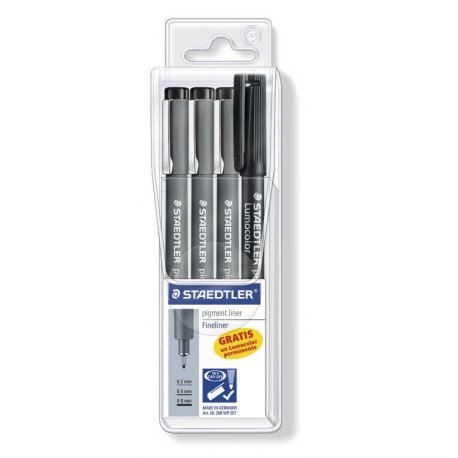 Staedtler Pigment Liner 308 Negro Estuche de 3 unidades con Portaminas de regalo