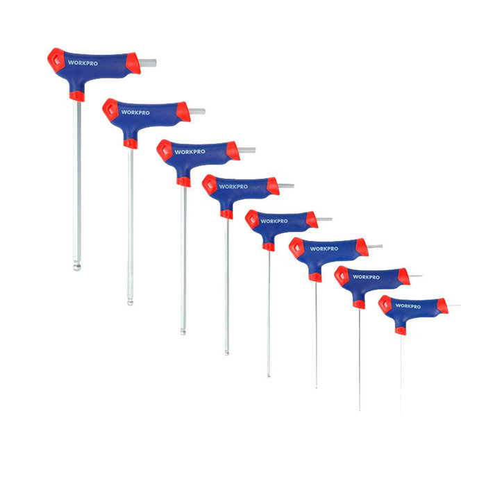 Workpro Llaves Allen Mango en T Cromo-Vanadio Ergonómico Antideslizante, 8 Piezas, 2-10 mm